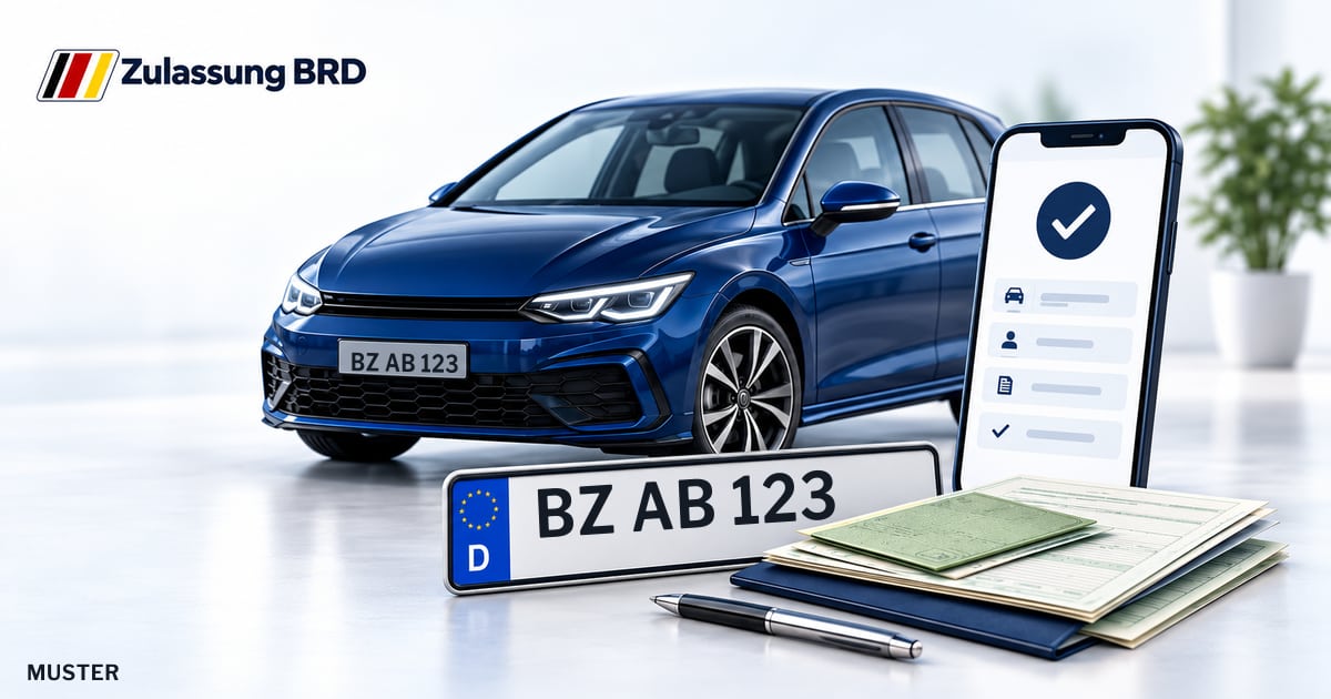 Online Fahrzeugzulassung in Bautzen: Musterkennzeichen BZ AB 123, Auto und Fahrzeugpapiere und Smartphone. Illustration mit Logo von Zulassung BRD.